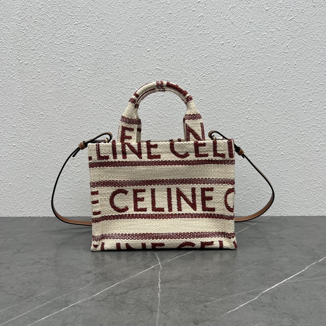 Celine Small Cabas Thais In Striped Textile With Celine Jacquard And Calfskin Cream/Red 199162